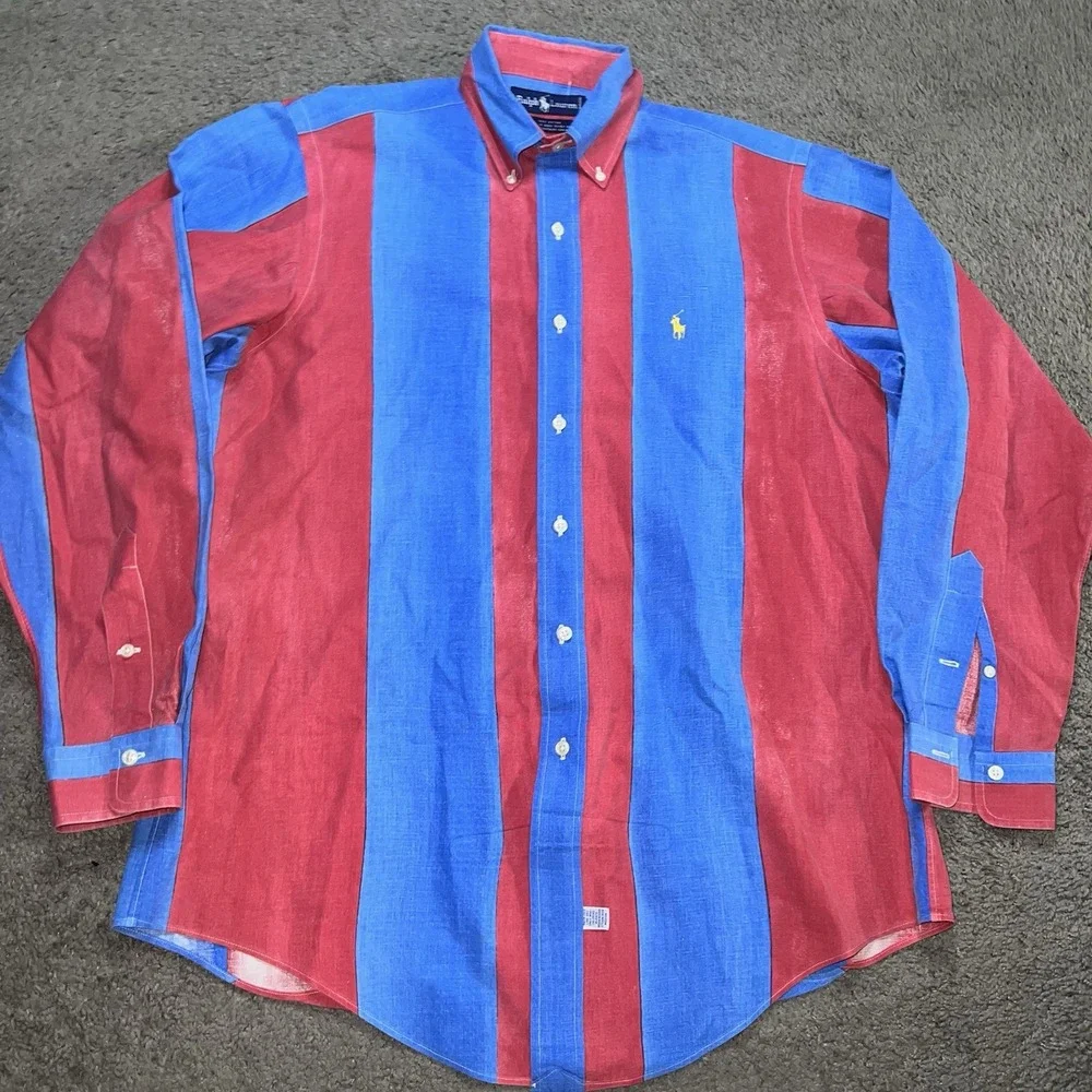 Vintage Polo Ralph Lauren Men's Colorblock Striped Button Up M Shirt Red Blue